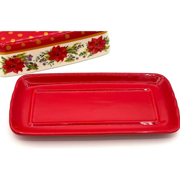 Pioneer Woman Holiday Cheer Red Gold Poinsettias Stoneware Covered Butter Dish - Picture 5 of 16